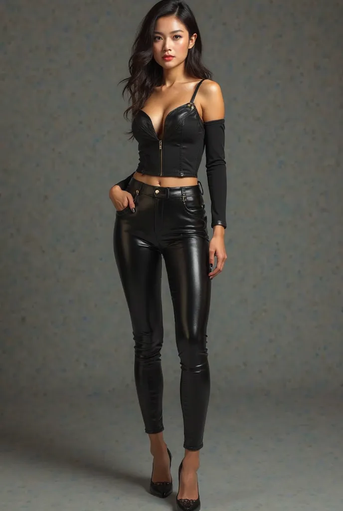 Young Chinese woman in leather pants and heels in a tight top