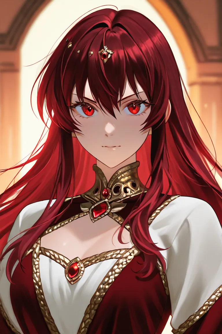 fierce anime woman with dark red hair, black hair locks, long hair, dragon eyes, ahoge hair, medieval clothing and a confident smile