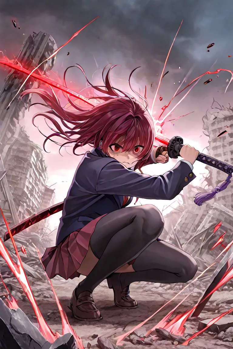  ( 1 girl crouching ),( highly detailed eyes, very detailed face ), ( High Resolution ), ( top quality :1.4),An 18-year-old Japanese woman,  high school student, high school studentの制服,Dark hero,日本Cut with a sword,Japanese sword glowing red,attack,dynamic ...