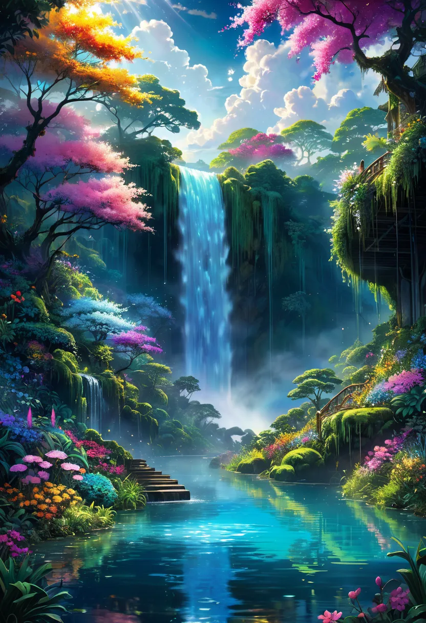 Lacquer painting, Makie, flower園,flower畑,Money, Surreal illustration , Otherworldly, ,Highly detailed and magical lighting, Intricate forest details, Surrounding vegetation and river, Solarpunk ,landscape, , Beautiful foliage with beautiful lighting and re...