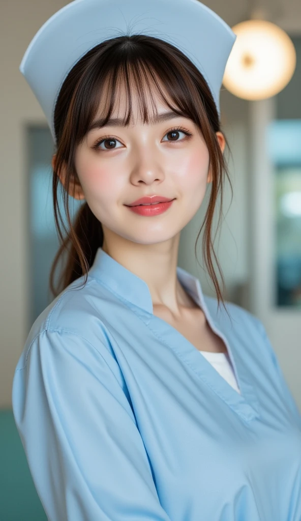 (2 Ultimate Beauty Nurse)、(( has realistic lighting, best quality, 8k,  masterpiece:1.3)), Lock focus:1.2, Beautiful Women with Perfect Bodies:1.4, :  beautiful Korean girl ,  K-pop idols ，Leg length， Big Blue Eyes ，（smile：0.8），  complex detailed face with...