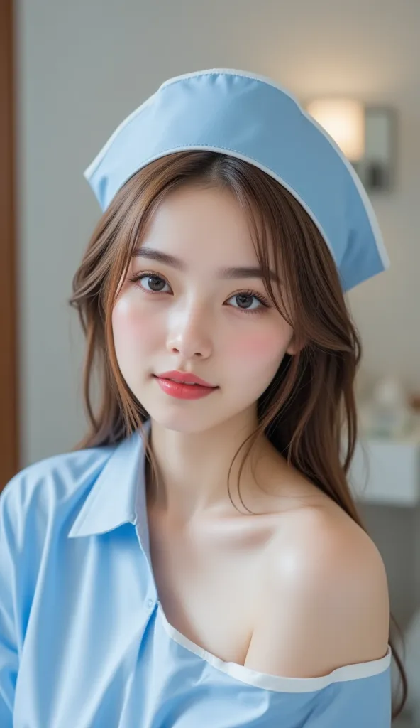 (2 Ultimate Beauty Nurse)、(( has realistic lighting, best quality, 8k,  masterpiece:1.3)), Lock focus:1.2, Beautiful Women with Perfect Bodies:1.4, :  beautiful Korean girl ,  K-pop idols ，Leg length， Big Blue Eyes ，（smile：0.8），  complex detailed face with...