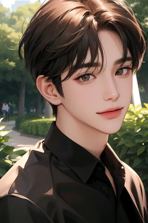 (front view),((masterpiece)), best quality, 8K resolution, Semi-realistic, cinematic lighting, beautiful detailed eyes and face), smile, korean, 1 handsome man, cool, 25-year-old,((bangs)) shorts brown hair,digital art, black collared shirts, in the park