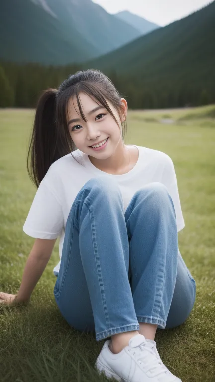 hairawaii Girl, Vietnamese ,,Whole body expression、masterpiece、８hair、Wearing a jeans and white shirt、 low angle between mountains,In the best quality、 beautiful girl, cute little,, High Resolution,  ultra detailed , Finely Details, 、Read more, Read moreな目と...