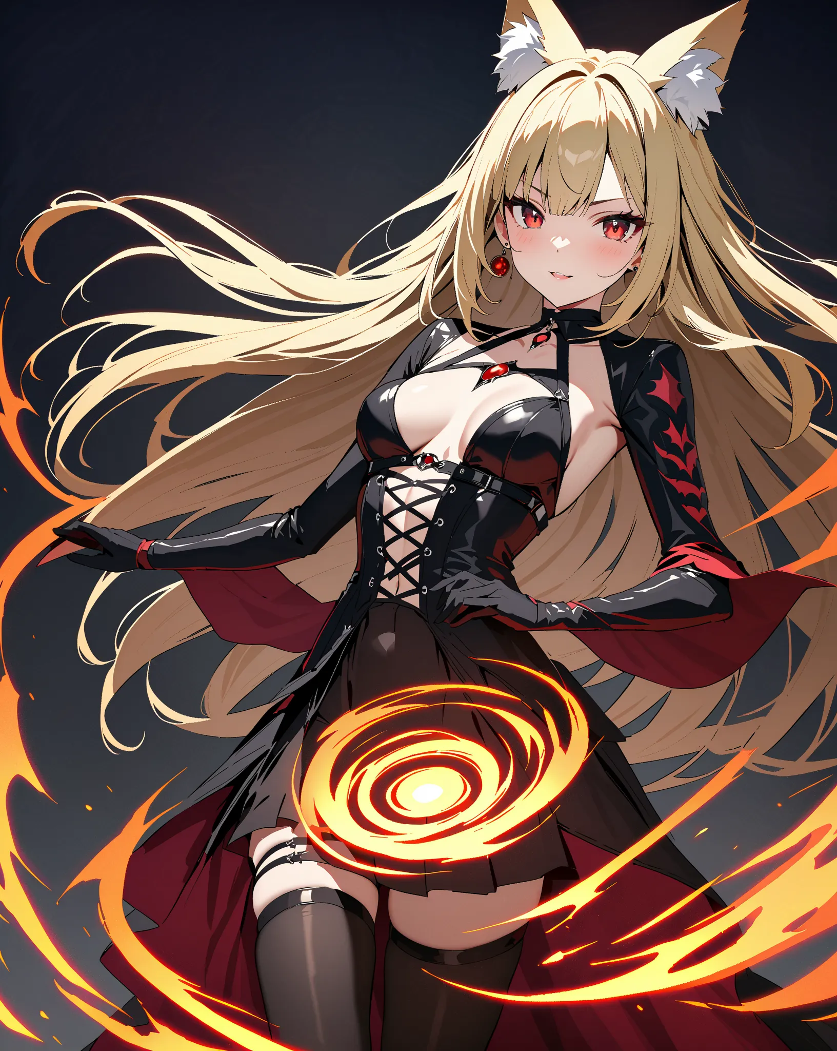 Demon World, Fallen Angel, Spiral of Fire, Ever Darkness, Yatsubasa, Small breasts, Kitagawa Marin,  fox ears:0.5,  1girl , blonde hair, long hair, multicolored hair, red eyes, jewelry, earrings, piercing, black choker, masterpiece:1.5, highest quality, UH...