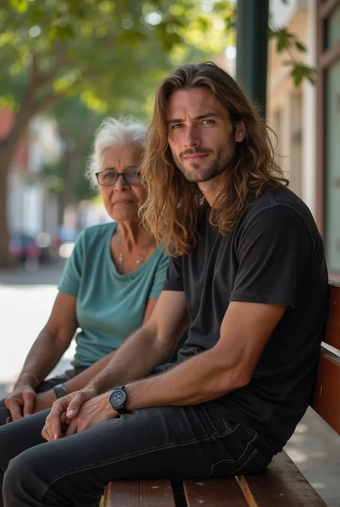 High definition image of a 20 year old man with long hair Daytime image He is wearing a simple black t-shirt and black jeans with plenty of light and shadow on his clothes He is sitting next to a 70 year old woman on a wooden bench in the street of the cit...