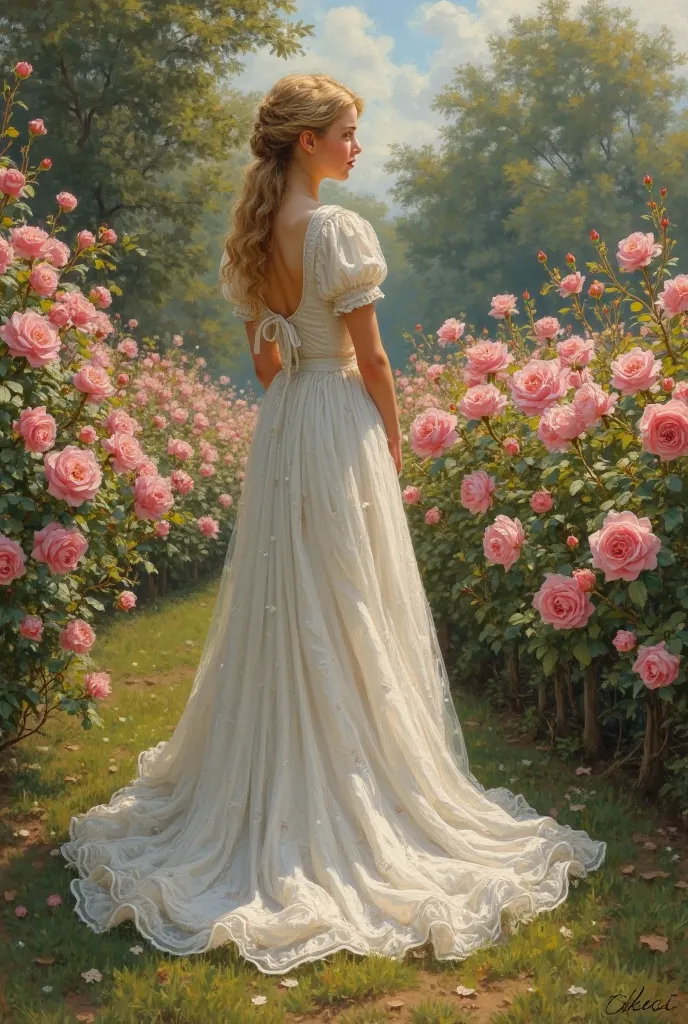  Beautiful, young girl in a long blond dress, in the style of the 19th century, beautiful garden, de a lot of pink roses, the girl looks into the distance, where flowers bloom, olive painting, picture, art art, классическая picture.  illustration