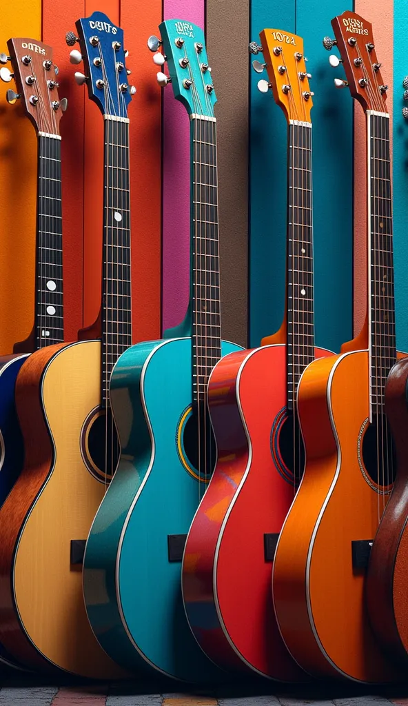 Picture of different guitar types with words ‘Digits 1024’ on it. realistic and vivid. Let the background be colourful. 