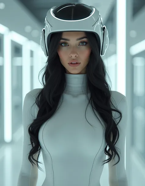 sexy woman with long black straight hair wearing a white sexy futurist outfit and a futuristic helmet in a laboratory