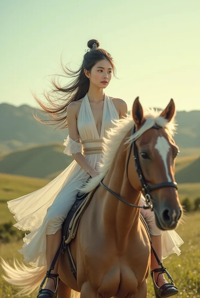 Beautiful young woman with Asian features in her 20s riding her horse , I would like the photo to be generated showing the horse completely with the girl riding 