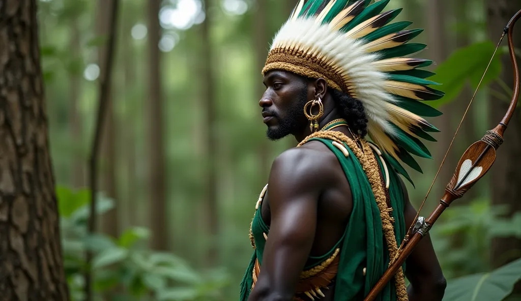 Black man standing in the Atlantic Forest, He wears green African clothes, and displays ornaments made of sisal and animal teeth. Wearing a beautiful white and green feather headdress, on your back, Rest a single arrow. His imposing aura refers to the Orix...