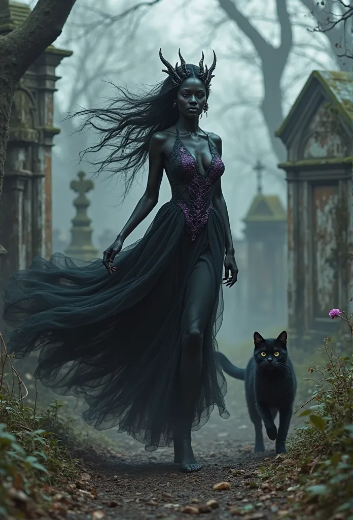  a , Black Cebelos , black dress with dark purple details, Running in an old cemetery,  dark image ,  playing, A black cat running next door