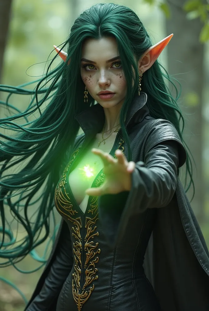 Create a female wizard between an elf and an alien,  with very long dark green hair, He has white skin and very big, feline eyes, Under the eyes there are freckles of different colors. She is dressed in a dark leather suit and tight with gold drawings. You...