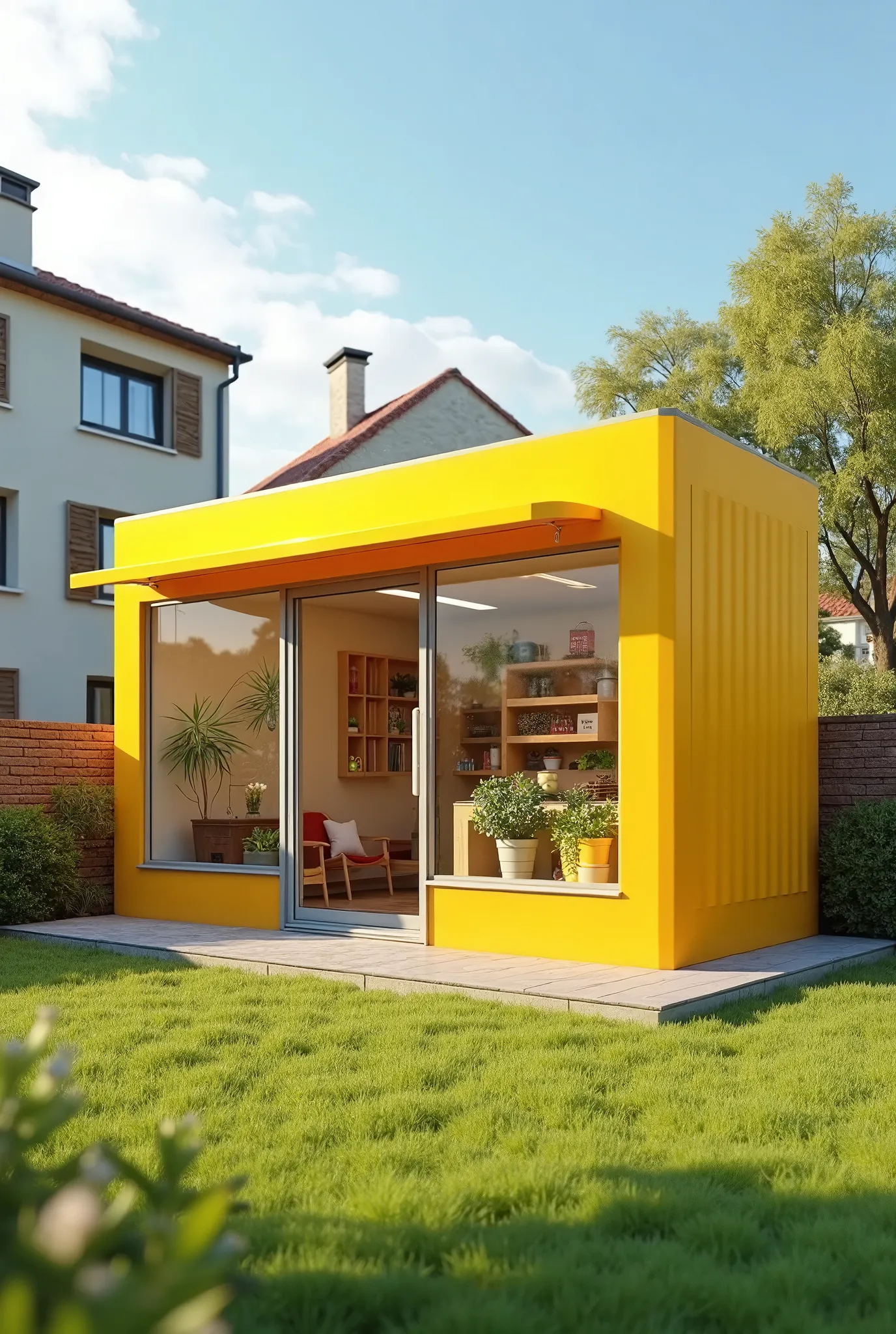 Create a modern yellow pet food and toy store container with glass entrance door with buildings in the background and lawn