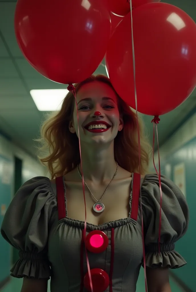  cinematic shooting . female version of pennywise with big breasts, a small round red light glowing pendant hangs around the neck on a silver chain. gives ren red balloons and smiles. against the backdrop of the school.