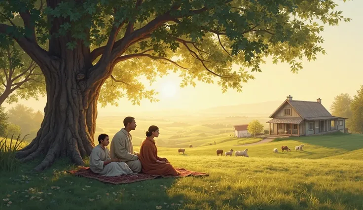 "A peaceful Sabbath day scene: a family resting under a tree near their home, with fields and animals in the background, bathed in soft golden sunlight, symbolizing rest and sanctification."
