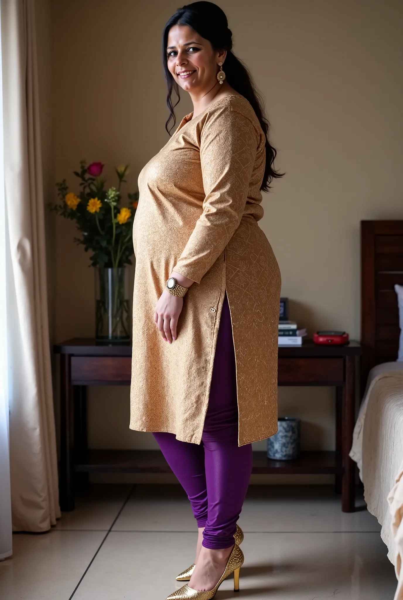 I am 50 year old plus size tall and big giant indian muslim women, looking like indian actress hansika motwani,gray and black hair, low bun hair style,wearing a tan colour indian printed Sleevless knee length kurti and shining reflective glossy purple legg...