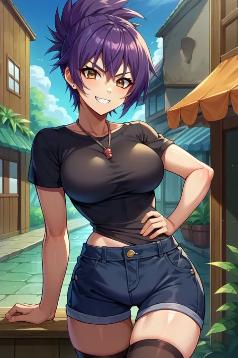  score_9,  score_8_arriba,  score_7_arriba,  score_6_arriba, salsa_  Anime Break 1 Girl , Alone,   Anko Mitarashi ,  dark purple hair, hair tied in a pineapple ponytail,  brown eyes,   brown gabardine, black mesh shirt, black mesh shorts, thigh-length blac...