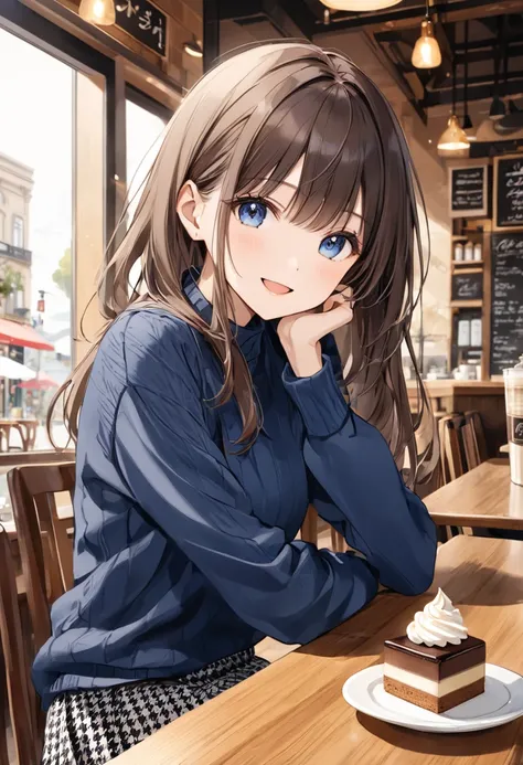  masterpiece, highest quality, 1 40-year-old adult female,  slim, solo, SMALLE BREASTS, dark blue eyes, brown hair, bangs, long hair,  casual, dark blue ((sweater))、houndstooth skirt , (midi length skirt:1.2), Cowboy Shots、 sitting in a mocha colored chair...