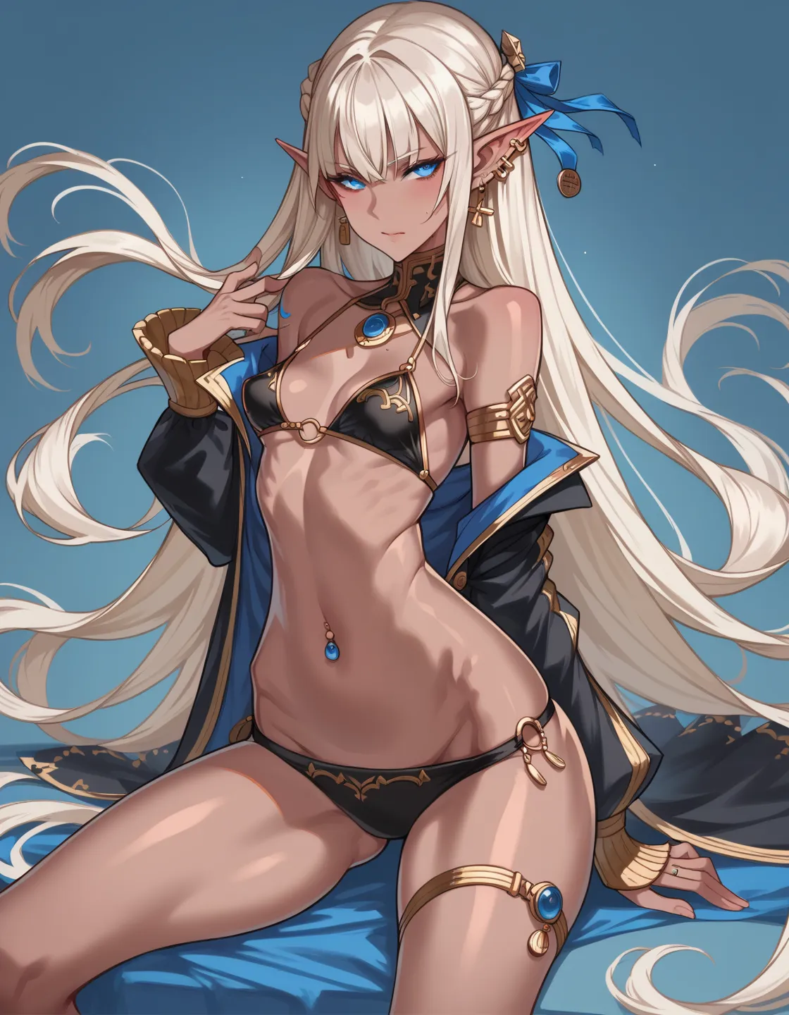 score_9, score_8_above, score_8, 1 , (small breasts),   medium hips,   medium thighs,  looking at the viewer,long blond hair with fringe,  blue eyes, Elf Ears, black bikini,dark brown skin.