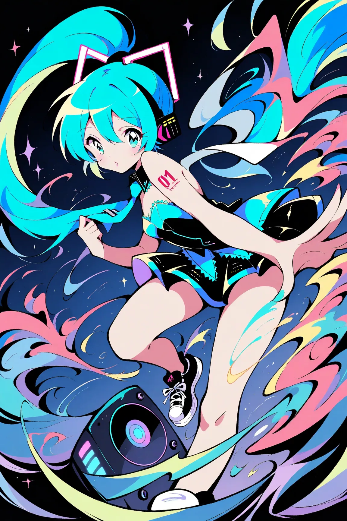 (has the best quality, graffiti sketch:1.2),practical, illustration designer  ,cunning，1 girl,   Hatsune Miku  ， delicate lips , hand， strapless， Neon long hair  , High ponytail - fluorescent green ， skirt， Put your foot on the sound，sneakers。 masterpiece,...