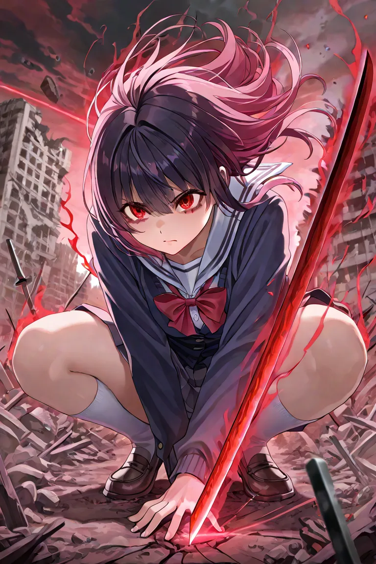  ( 1 girl crouching ),( highly detailed eyes, very detailed face ), ( High Resolution ), ( top quality :1.4),An 18-year-old Japanese woman,  high school student, high school studentの制服,Dark hero,日本Cut with a sword,Japanese sword glowing red,attack,dynamic ...