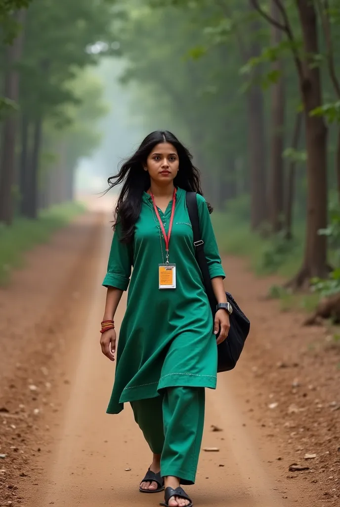 Here is the updated text prompt:

A young woman named Soujanya is walking alone on a deserted mud road, surrounded by dense trees and no houses in sight. She is wearing a traditional green college kurta pant dress, with a college ID card around her neck an...