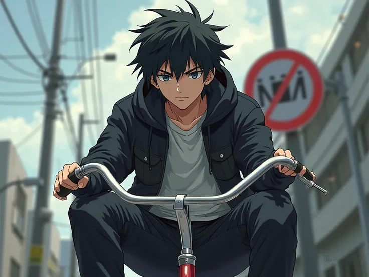 masterpiece,better quality,highres,1 boy,Alone,Rukawa Kaede ,1990s \(style\),black hair shirt, hooded jacket, t-shirt,pants,traffic sign,looking at the viewer,bicycle,sitting,