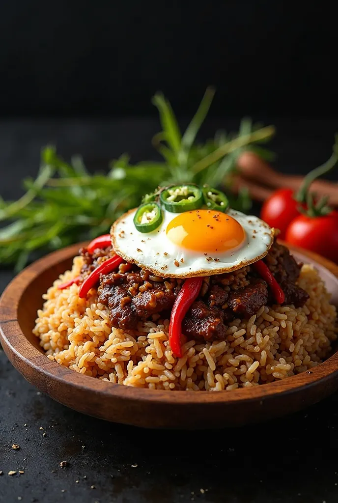 A serving of sisig, sunny side up egg and java rice in a wooden round plate with black background.
