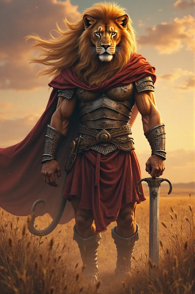 Warrior lion: A muscular man with a lion's head, golden mane and fierce eyes, wearing worn Roman armor, standing on the African plains at dusk, with a sword in his hand and a challenging look.