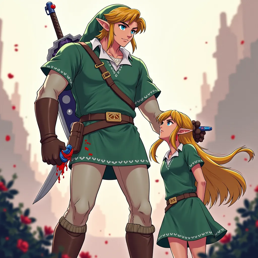 Anime Legend of Zelda King Link wearing a Massive popped collar polo with a collar so high it's taller than his head he's holding a knife up to Princess Zelda neck with blood coming out