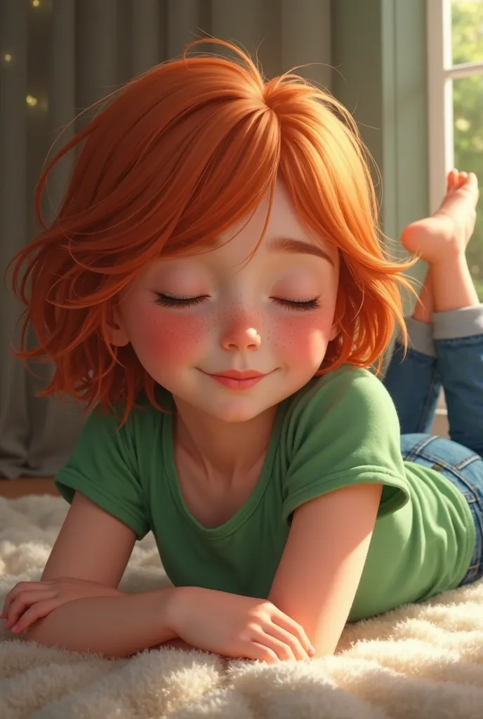 Girl age 10-12, short red hair, fair skin, freckles, green T-shirt, jeans, lying on tummy