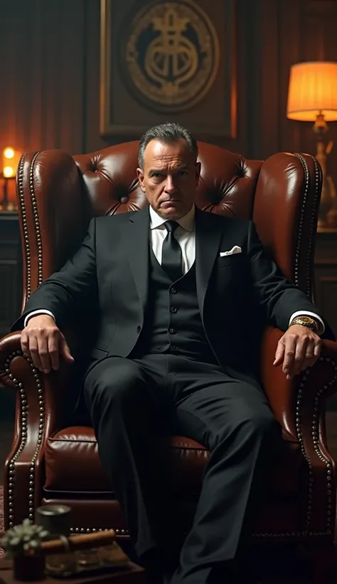 Аль Капоне курит в Тегеране и белый экран A man sitting confidently in a large, luxurious leather armchair, facing the camera with a powerful, assertive posture. His hands rest on the armrests, exuding a calm but firm authority. He wears a sharp black suit...