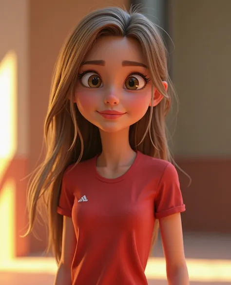 cartoon character de uma mulher usando capacete de construção e camisa vermelha , long light brown hair with blond twigs at the ends, brown eyes an animated character, stylized character, rendering animation style, 3D stylized,  Rendered by Arnold Maya, St...