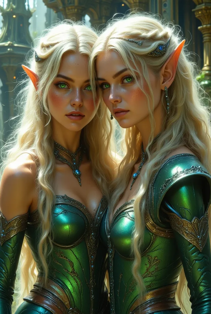 A 24-year-old elf, Green eyes like a summer forest, Platinum blond hair up to the lower back styled in an Elvish style Arwen. She is dressed in an elven adventure outfit embroidered with silver thread, it covers her shoulders and arms.. next to her is a 25...