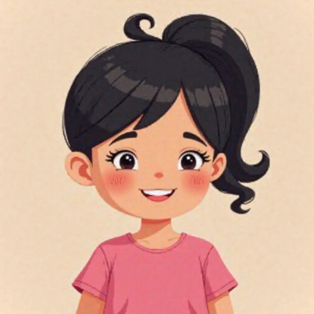 

"A cute cartoon-style girl with a cheerful smile, black hair styled naturally or in a ponytail, wearing a pink t-shirt. The background is simple and aesthetically pleasing, complementing her joyful expression. The art style is modern, vibrant, and high-q...