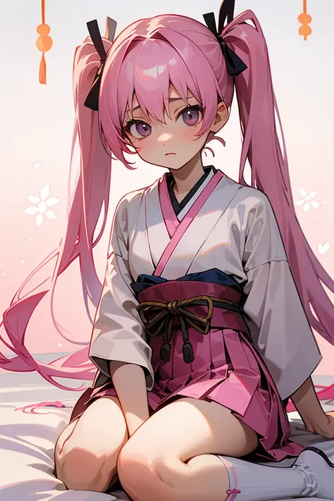 high image quality、light pink, semi-long hair with pink ribbons in twin tails、１３A girl about years old、wearing a light pink yukata and pink knee socks、sitting on the bed with an uneasy expression、The background is a Japanese-style room with white wallpaper...