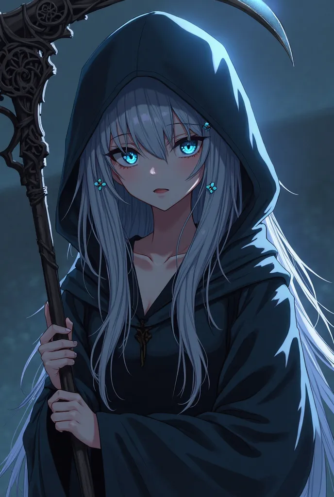 emale , anime, white and black hair, blue eyes,blue Higanbana hair pins,Long hair straight,dark hood assassin but keep hood down,night background,hold reaper scythe