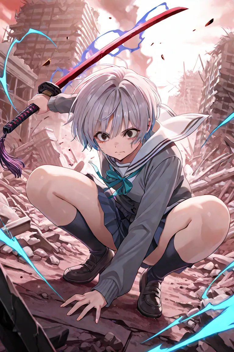  ( 1 girl crouching ),( highly detailed eyes, very detailed face ), ( High Resolution ), ( top quality :1.4),An 18-year-old Japanese woman,  high school student, high school studentの制服,Dark hero,日本Cut with a sword,A Japanese sword that glows blue,attack,dy...