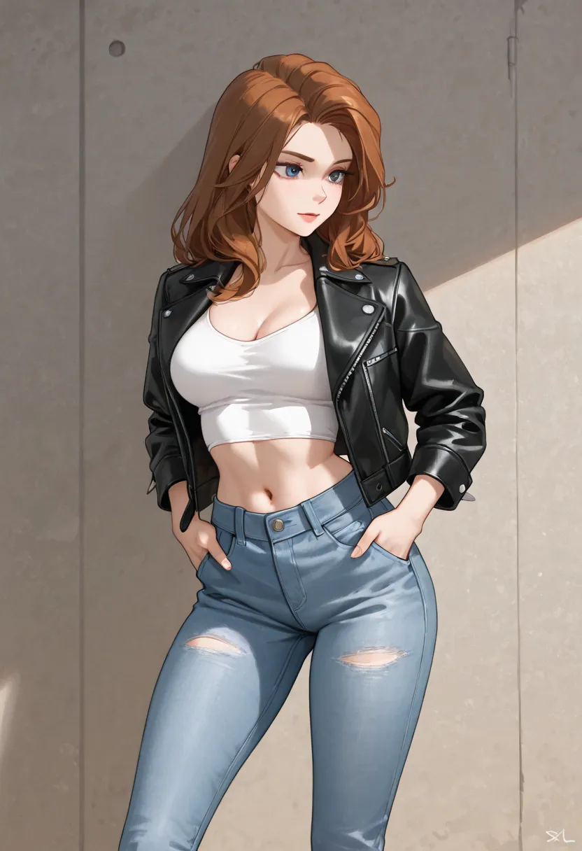 a woman in ripped jeans and a black leather jacket standing in a white skirt and white top, 1girl, solo, denim, pants, jeans, jacket, hands in pockets, navel, leather jacket, midriff, black jacket, brown hair, breasts,vanilla the rabbit SDXL Pony model