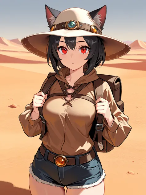 8k,masterpiece, best quality, ultra detailed, high resolution, super fine illustration, extremely detailed CG, intricate, professional quality, cowboy shot,looking at viewer,1girl, solo,gal, red eyes, black hair,cat ears,medium breasts, traveller, hat,surv...