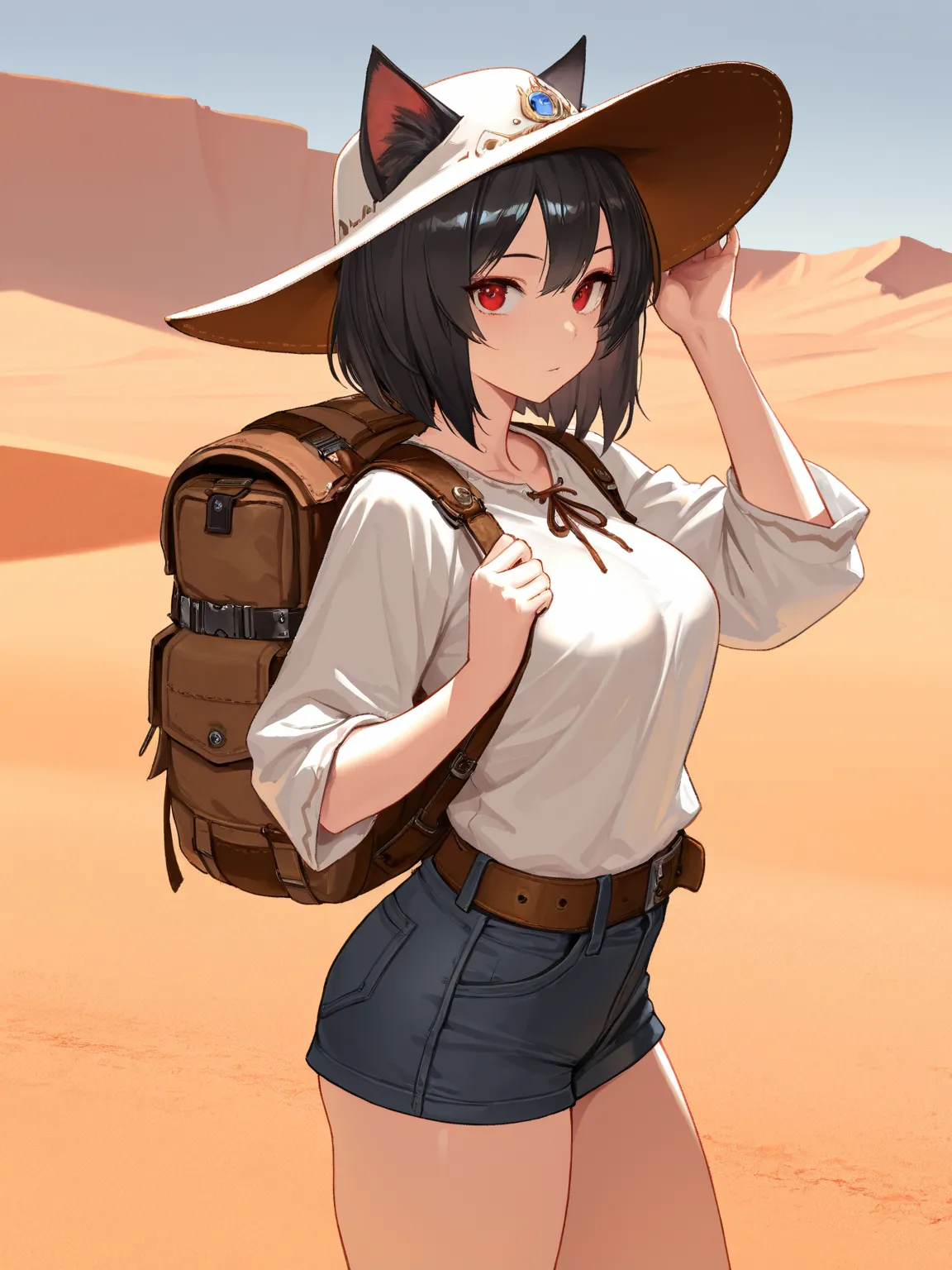 8k,masterpiece, best quality, ultra detailed, high resolution, super fine illustration, extremely detailed CG, intricate, professional quality, cowboy shot,looking at viewer,1girl, solo,gal, red eyes, black hair,cat ears,medium breasts, traveller, hat,surv...