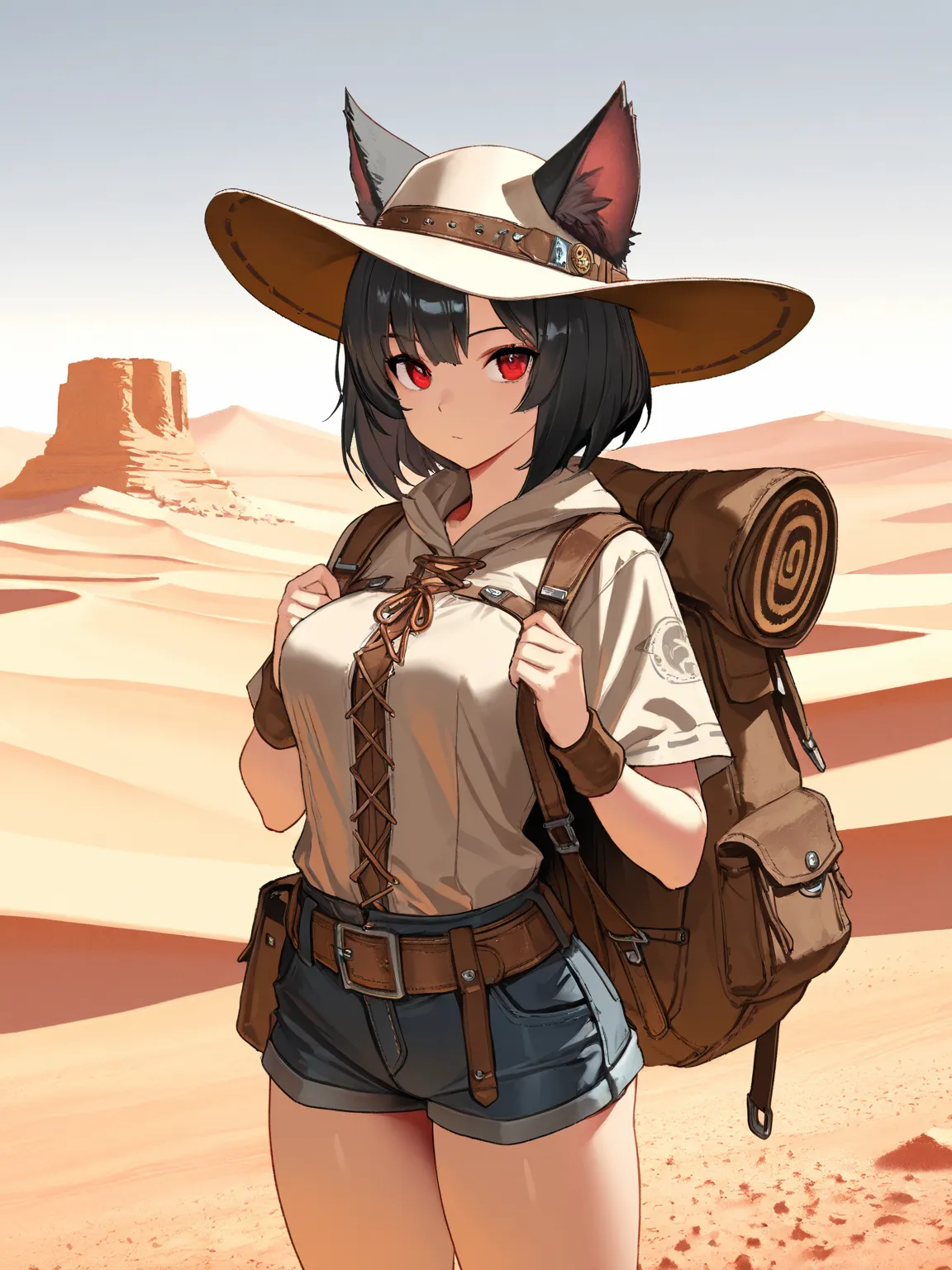 8k,masterpiece, best quality, ultra detailed, high resolution, super fine illustration, extremely detailed CG, intricate, professional quality, cowboy shot,looking at viewer,1girl, solo,gal, red eyes, black hair,cat ears,medium breasts, traveller, hat,surv...