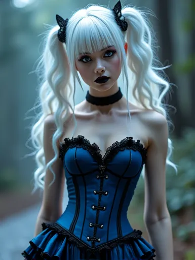  A gothic punk goth girl, perfect face, beautiful Asian woman with long White hair in White curls and coils, very cute and beautiful girl, (highly detailed beautiful face), high detailed fingers, (Deep Blue corset with detailed frills), detailed face, Blac...