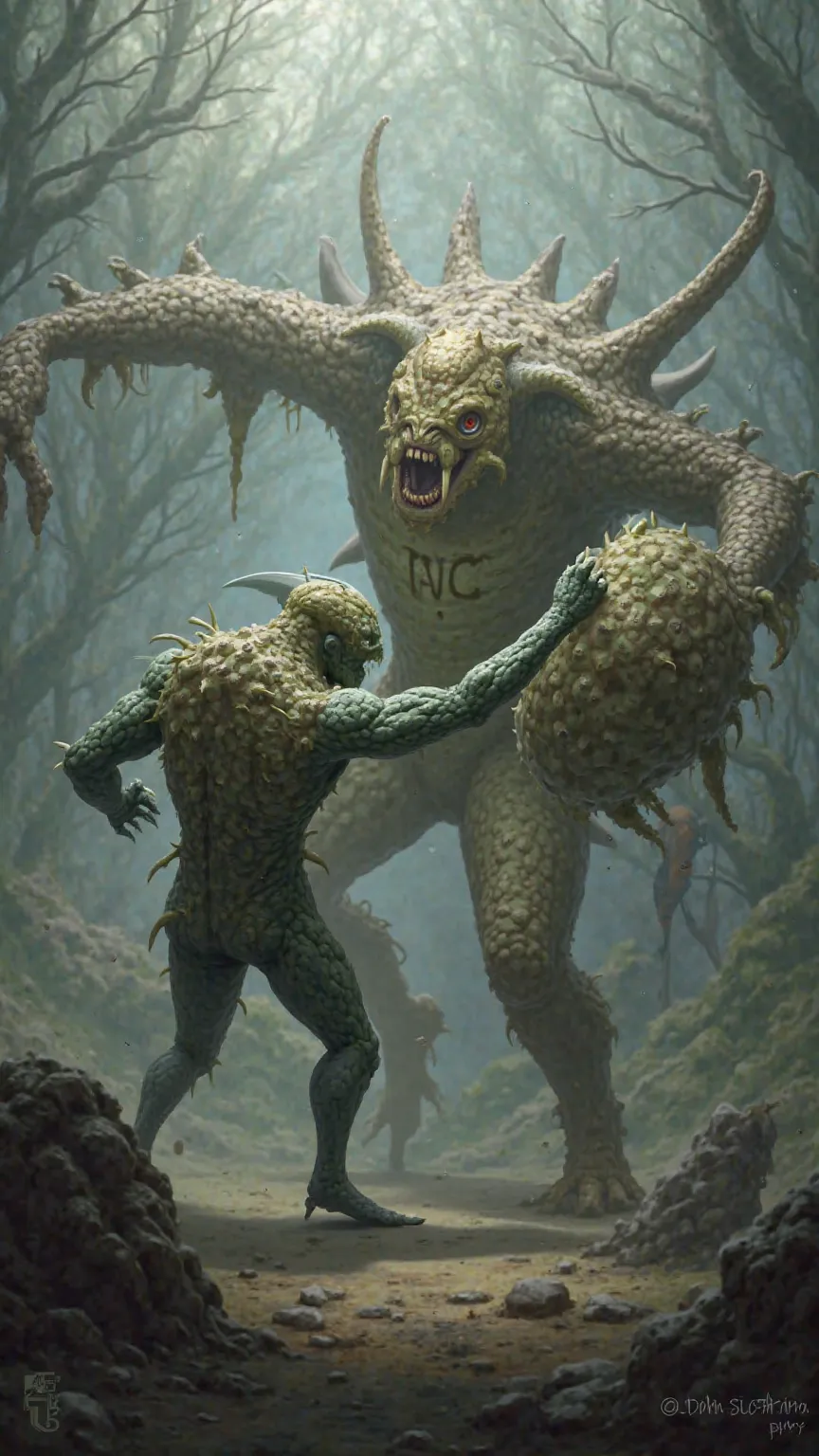 The creature, shaped like a human molars, has the letter ADC on its chest, has a sword arm, the other arm carries a shield, is fighting a pathogen that looks like a ferocious monster. High resolution image