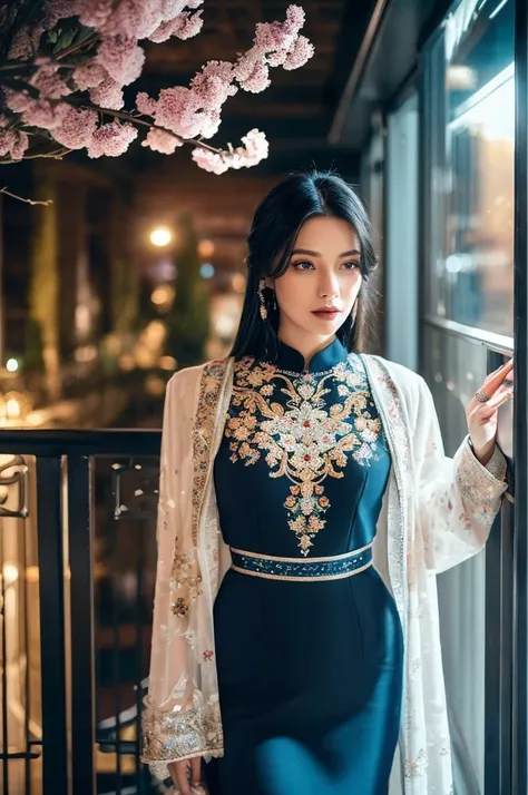 OUTPUT = A captivating woman with flowing raven hair stands elegantly on a moonlit balcony, her piercing sapphire eyes exuding confidence and mystery, adorned in a shimmering gown blending traditional embroidery with futuristic metallic accents, surrounded...