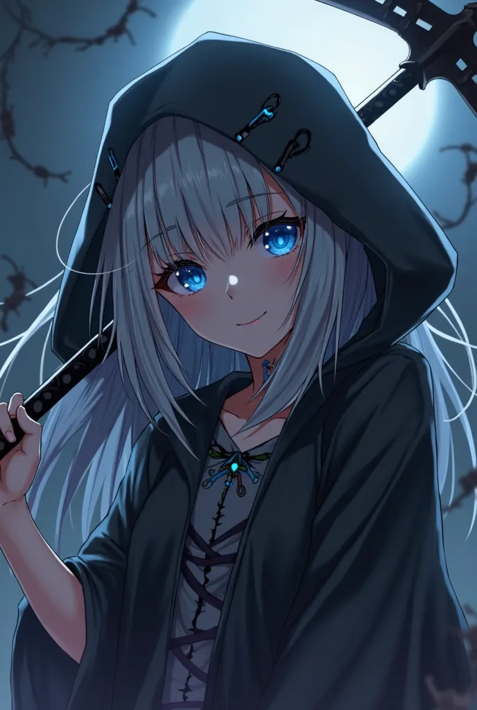 female , anime,two tone white and black color hair, blue eyes,blue Higanbana hair pins,Long hair straight,dark hood assassin but keep hood down,night background,hold reaper scythe