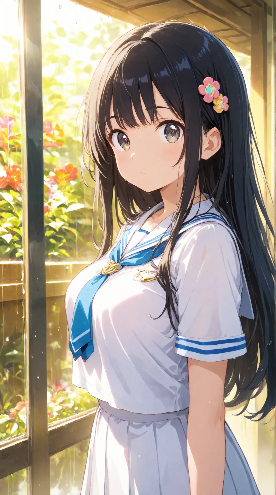 masterpiece,large breasts, long hair, (Black Hair 1.5) , bangs, （1 girl 1.5）,big eyes, Hair Ornaments , 18 years old、Bust Focus、watching viewers，full body,,cheerful, sailor suit、rain