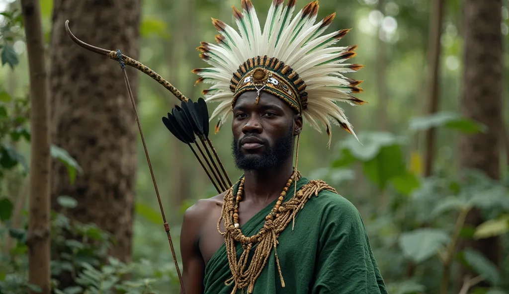 Black man standing in the Atlantic Forest, He wears green African clothes, and displays ornaments made of sisal and animal teeth. Wearing a beautiful white and green feather headdress, on your back, Rest a single arrow. His imposing aura refers to the Orix...