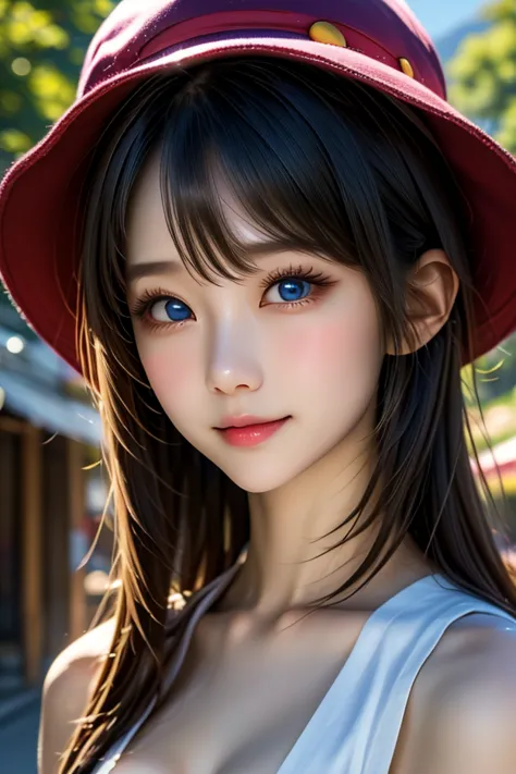 (( top quality)), ((top quality、 Masterpiece、High sensitivity、 high resolution ,  depicting a delicate face)) ,  (ARALE ,  Hot young  girl  , asian girl , large chests ) , black Glasses、( blue Overalls , red tight t-shirt ) , ( pink hat , wing cap in word ...